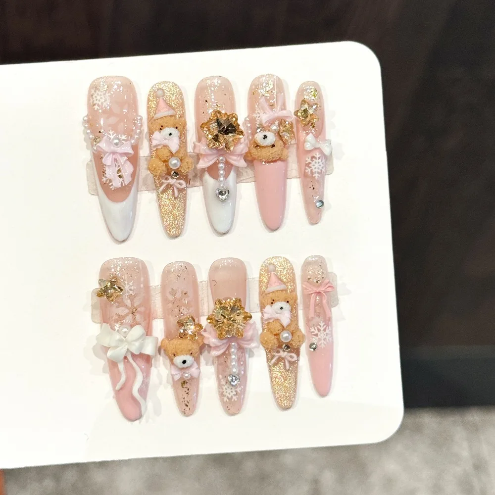 10 Pieces Pink Gold Fuzzy Teddy Bear French Handmade Press On Nails Dreamy Girl Heart Bow Snowflake Fake Nail Art Reusable