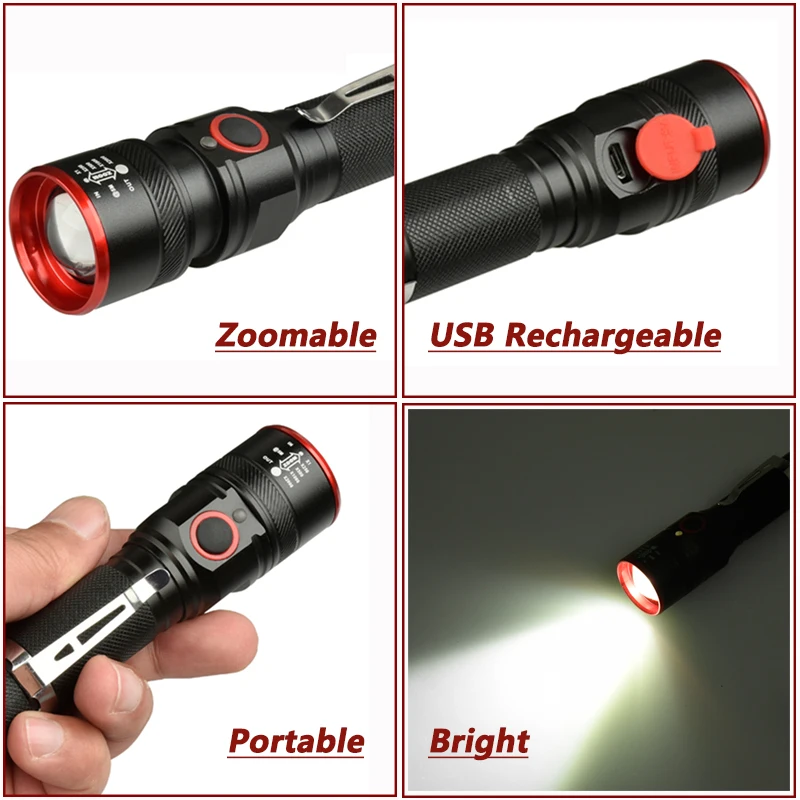 Powerful LED Flashlight Rechargeable Aluminium Alloy Flashlights Zoomable Torch Waterproof Flashlight for Camping Hiking Fishing