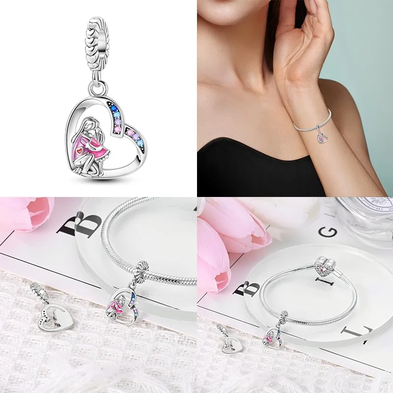Hot 100% 925 Sterling Silver Love Mother and Daughter Charms Fit 925 Original Bracelets DIY Jewelry Making For Women Gift