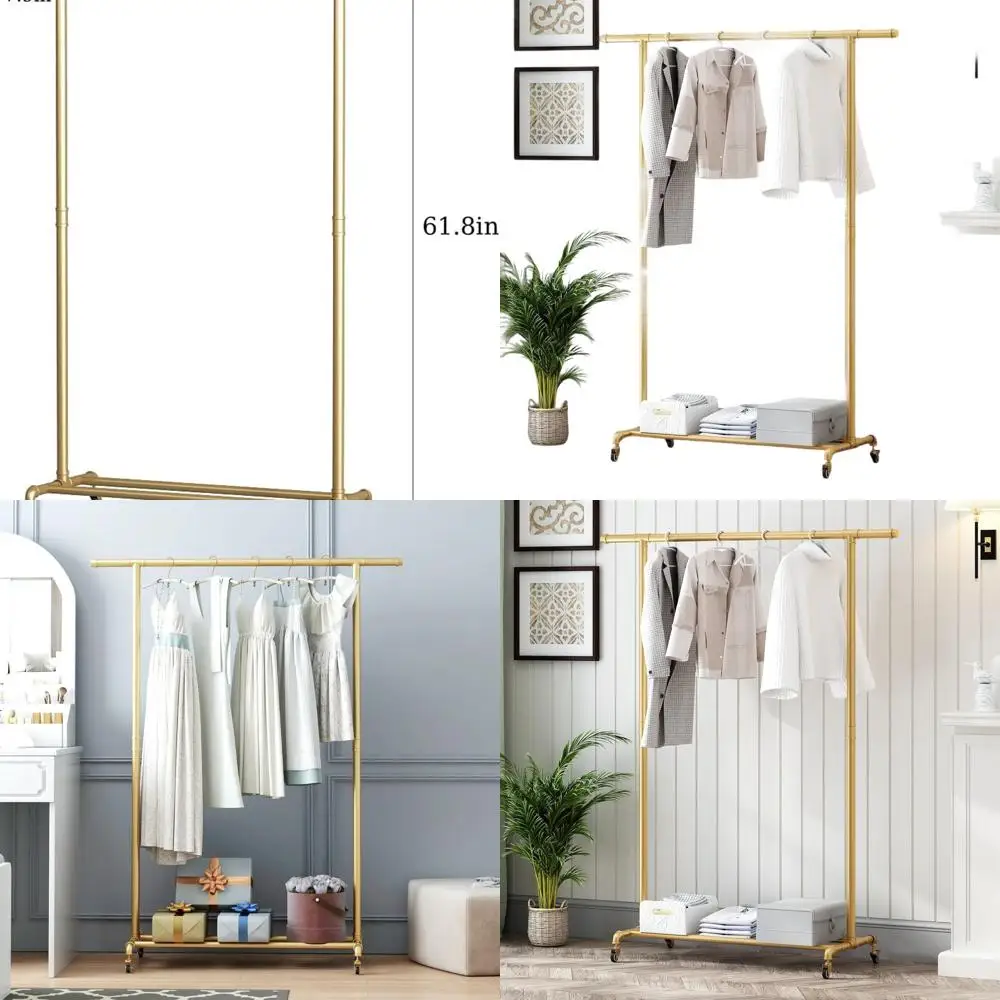 

Gold Heavy-Duty Metal Rolling Clothes Rack with Bottom Shelf for Home Boutique Use
