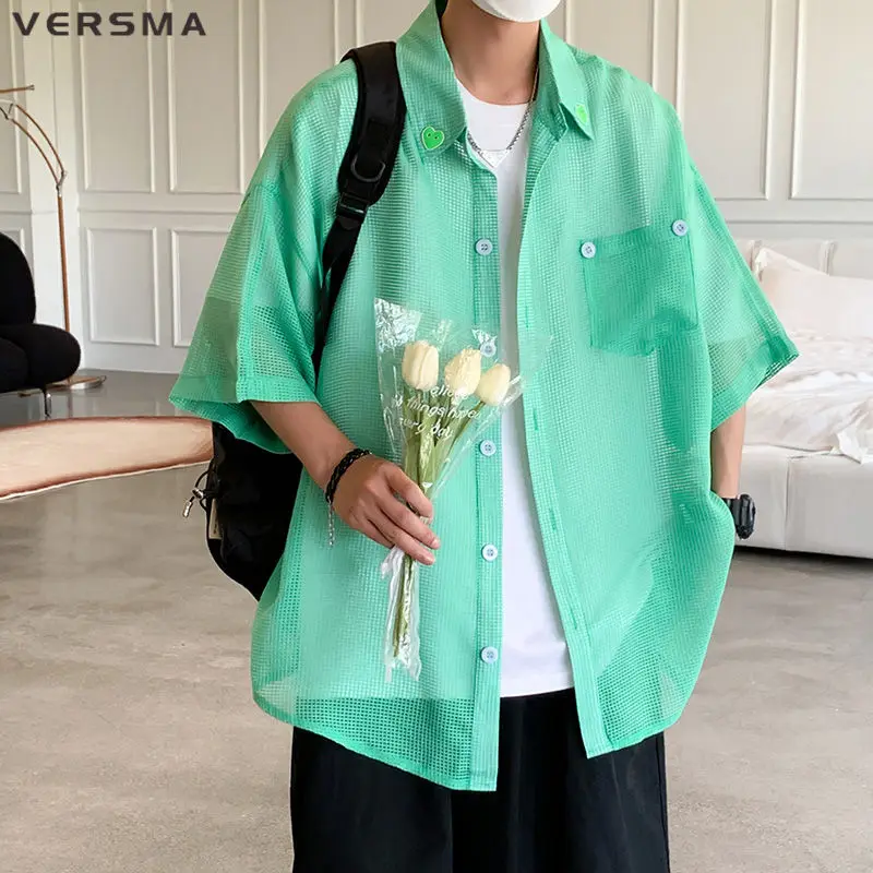 VERSMA Japanese Personalized Stylish Cutout Mesh Yellow Shirt Women Summer Casual Oversized Couple Cool Men Shirts Dropshipping