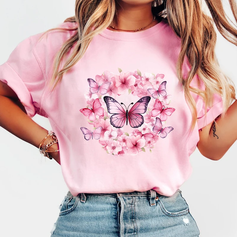 New Breast Cancer Awareness Flowers Butterfly Print T Shirt Women Men Short Sleeve Tops Tees Summer Fashion Loose Casual T-Shirt