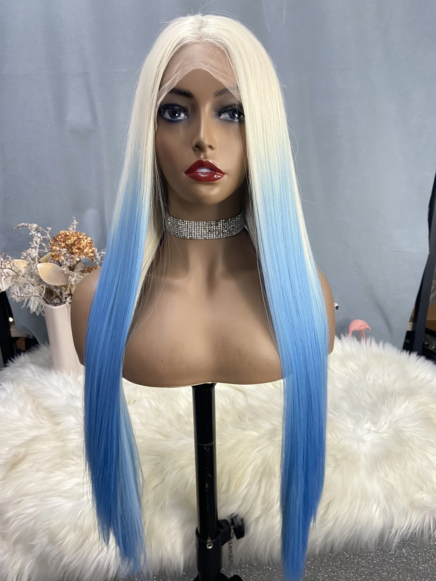 13x4 lace synthetic long straight tube blue gradual change honey blonde women's wig without gel heat resistant dragqueen cosplay