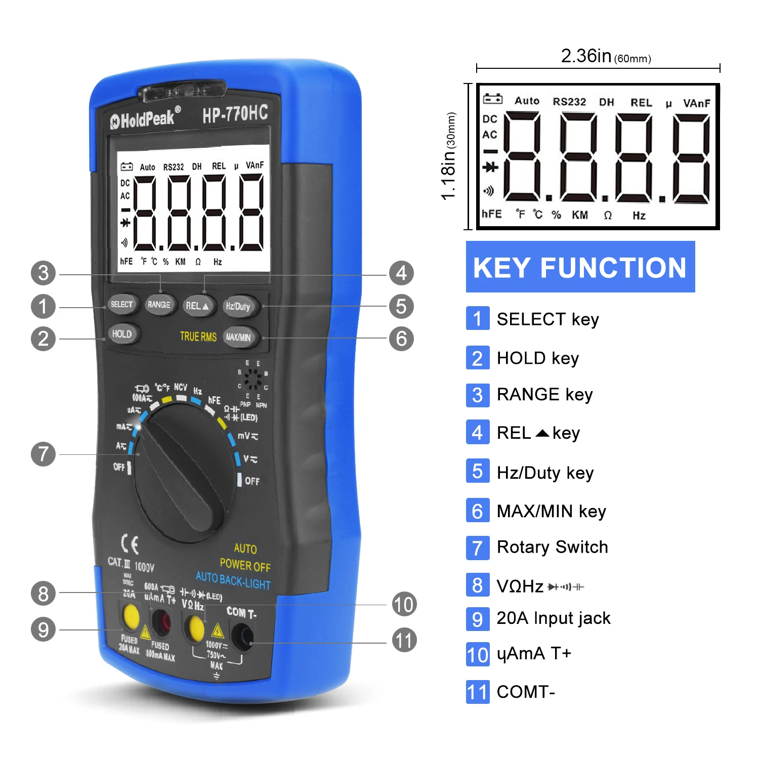 Imagem -03 - Holdpeak-multímetro Digital com Ncv Feature Auto Ranging Temperatura Freqüência Duty Cycle Test True Rms Hp770hc