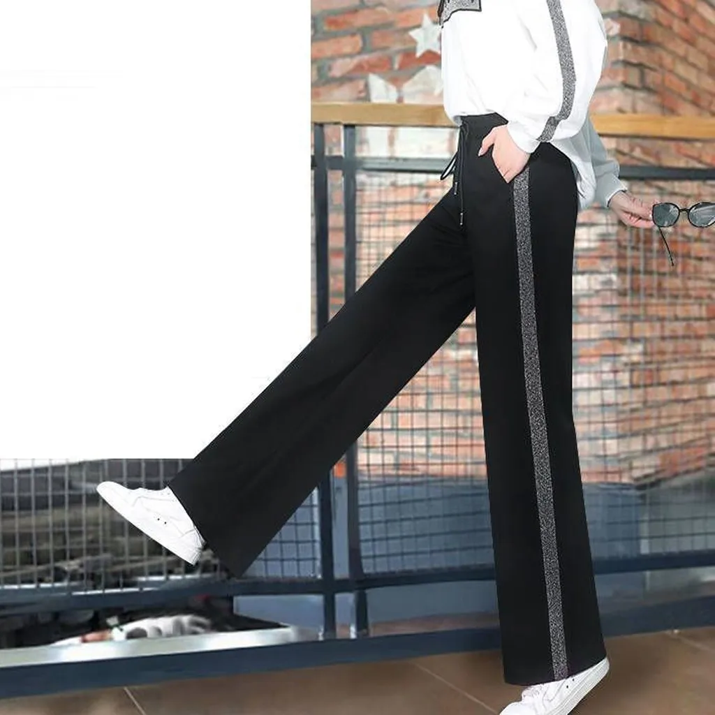 Spring New Korean Simple Women Flare Pants Solid Patchwork Stripe Elastic High Waist Loose Sport Casual Straight Trousers