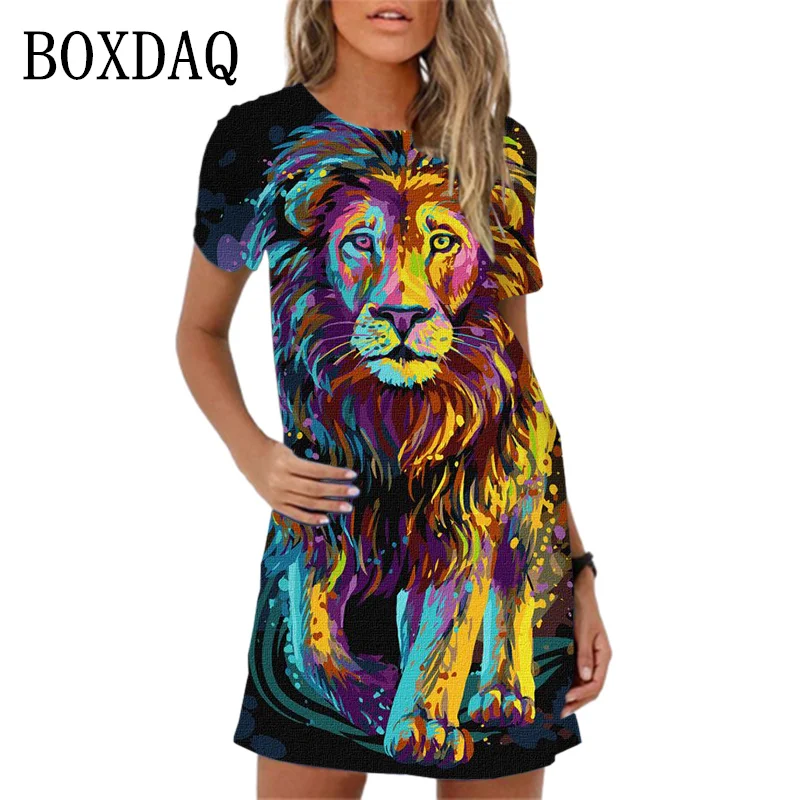 Spring Summer Women Dress 2024 New Animal Pattern Printing Short Sleeve Dress Casual Oversized A-Line Mini Dress Womans