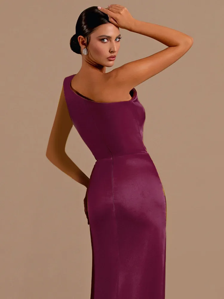 Articat sexy fenda vestido de cetim feminino 2025 novo elegante ruched vestido longo feminino outono festa clube vestido de noite bodycon vestidos