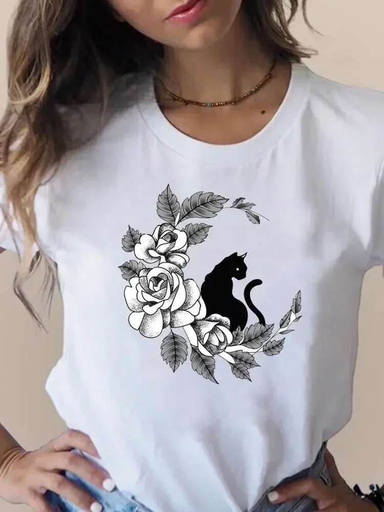 T-shirt imprimé à manches courtes pour femmes, vêtements pour femmes, chat, animal de compagnie drôle, animal mignon, t-shirt graphique pour dames, mode estivale