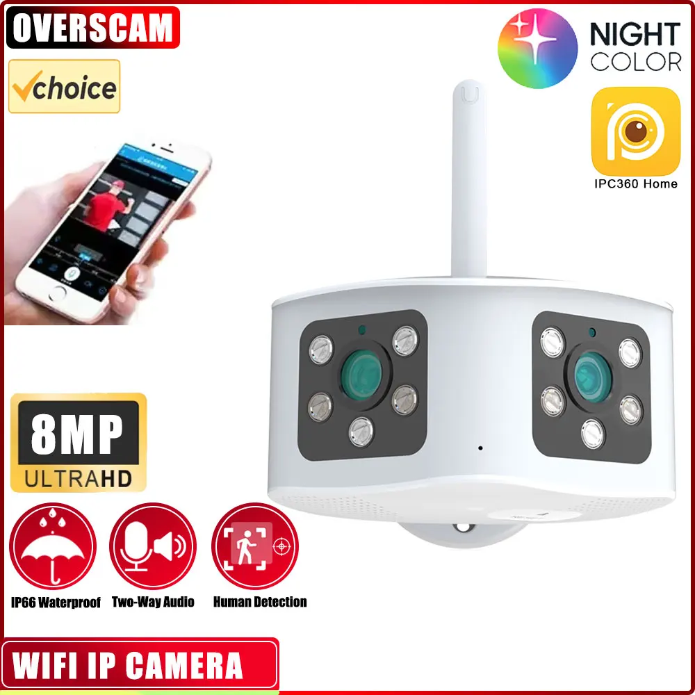 

Dual Lens Panoramic 4K 8MP WIFI IP Camera 180° Wide Viewing Angle AI Human Detection 4MP IPC360 Home Surveillance IP Camera