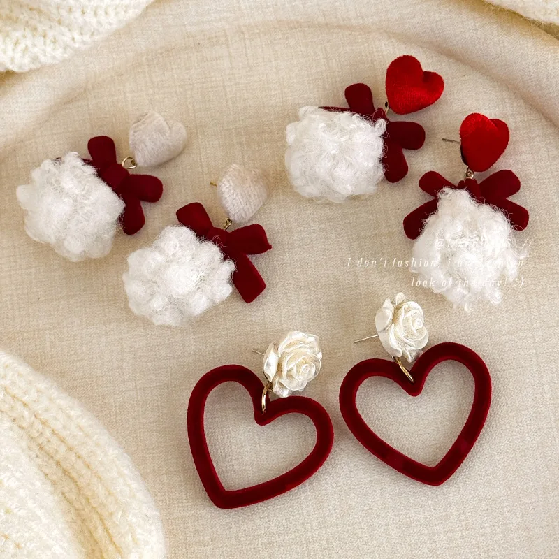 Red Bow Plush Ball Stud Earrings Fall Winter Cute Love Heart Versatile Fashion Ear Jewelry For Women Daily Party Wear Premium