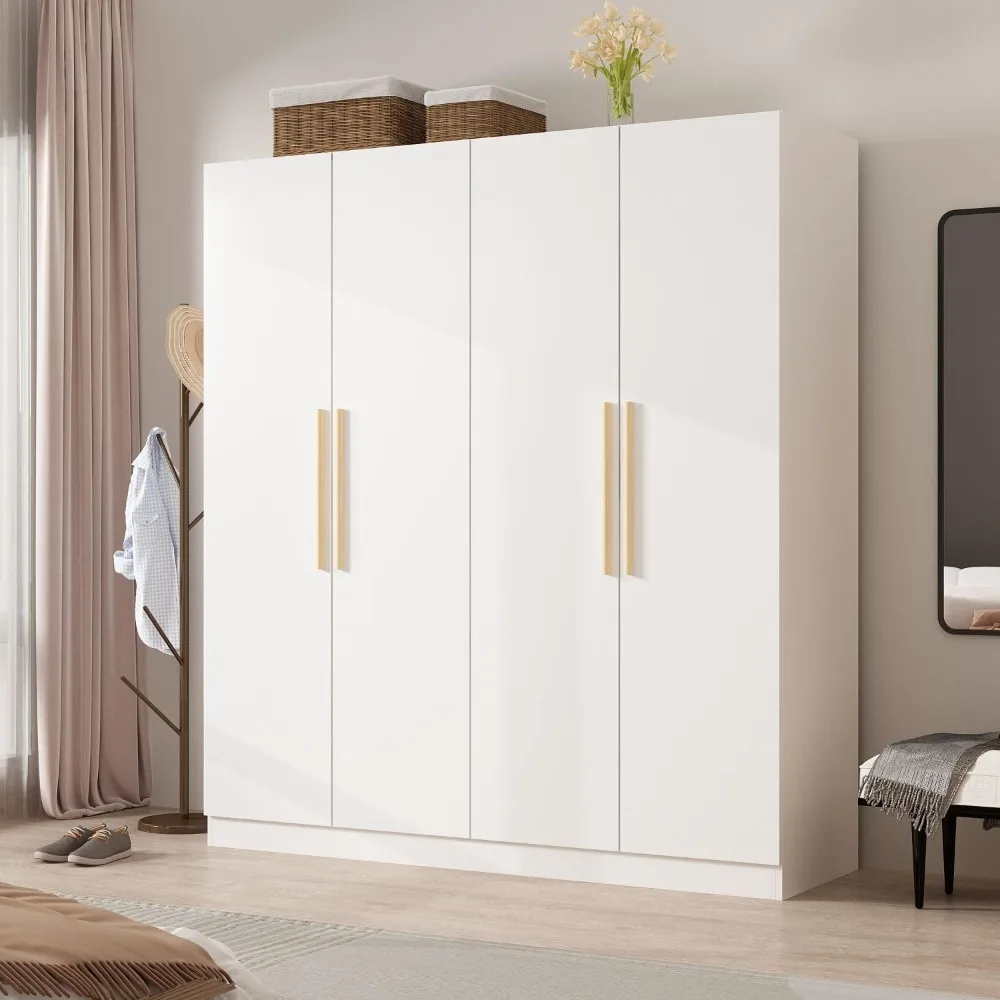 

4 Door Wardrobe Armoires and Wardrobes w/Storage Shelevs, Armoire Wardrobe Closet w/Hanging Rod,Wooden Handles, Armoire Closet