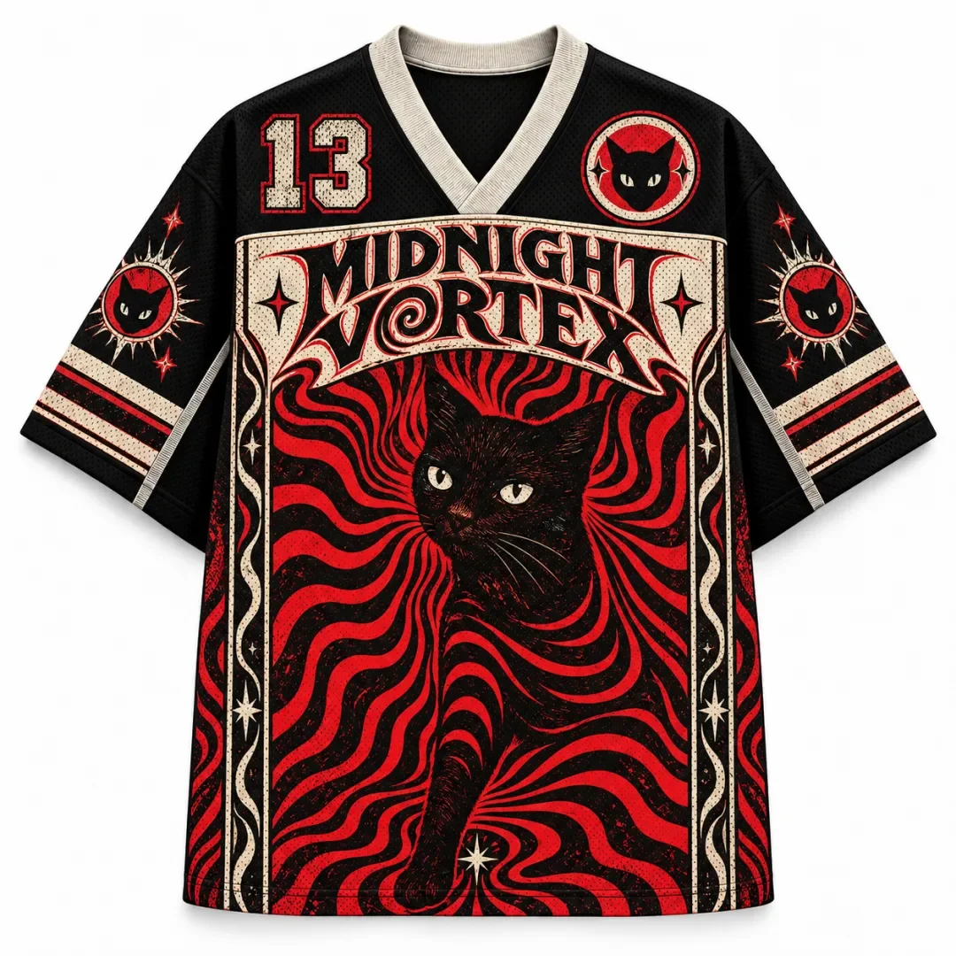 Halloween Midnight Whirlpool Shirt Retro Black Cat Red Whirlpool V-neck No.13 Witch Gothic Short Sleeve Sports T-shirt