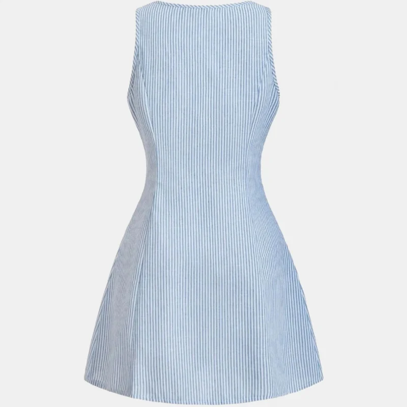 Mulheres verão novo elegante comute sem mangas vestido listrado emagrecimento lapela pescoço estilo europeu e americano mini vestido para mulher