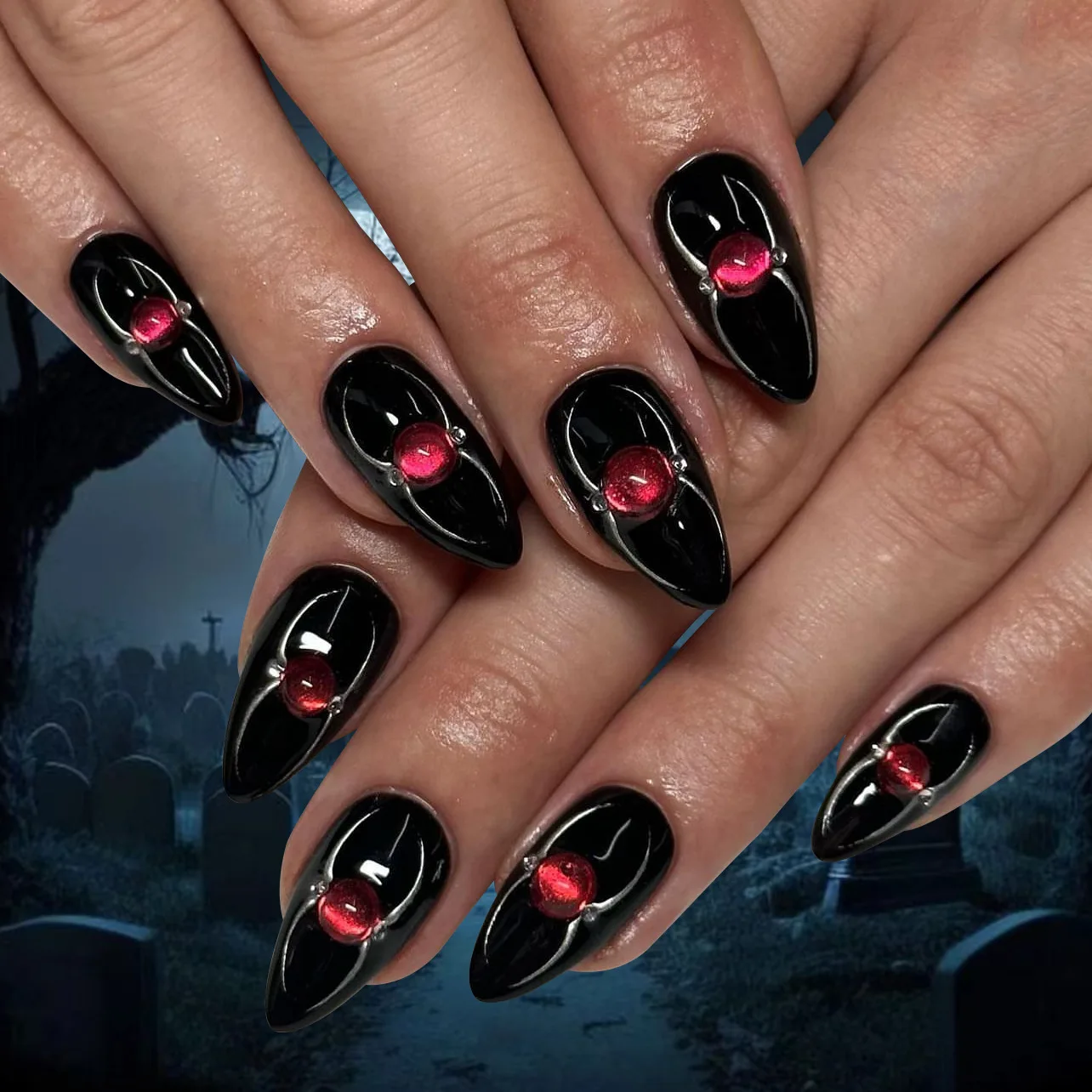 Preto e prata unhas postiças para meninas, 24pcs, pó brilho, teia de aranha, desenho do sangue, arte do prego