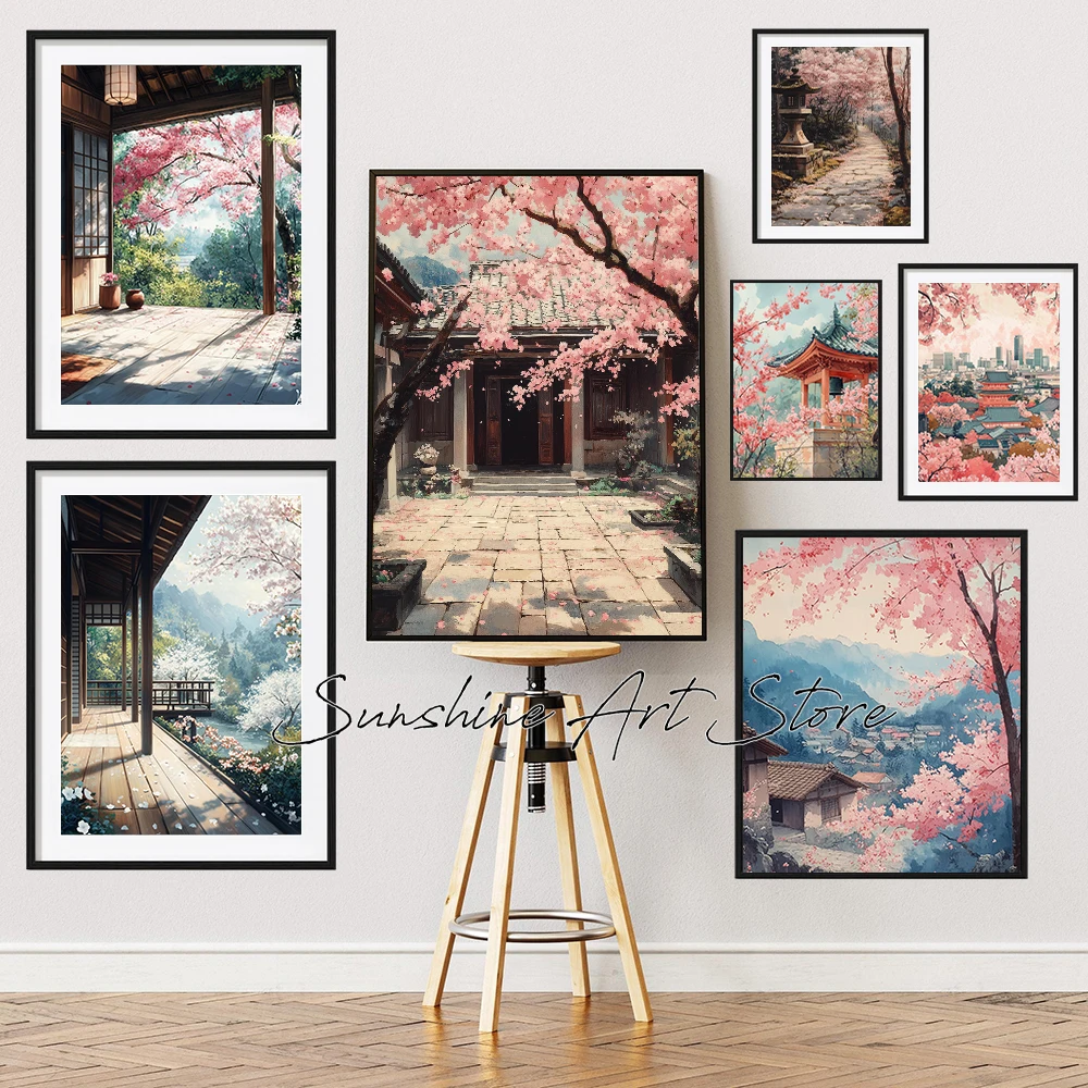 Modern Japanese Ubran Cherry Blossom Sakura Serene Spring Temple City County Ukiyo-e Poster Canvas Painting Wall Pictures Decor