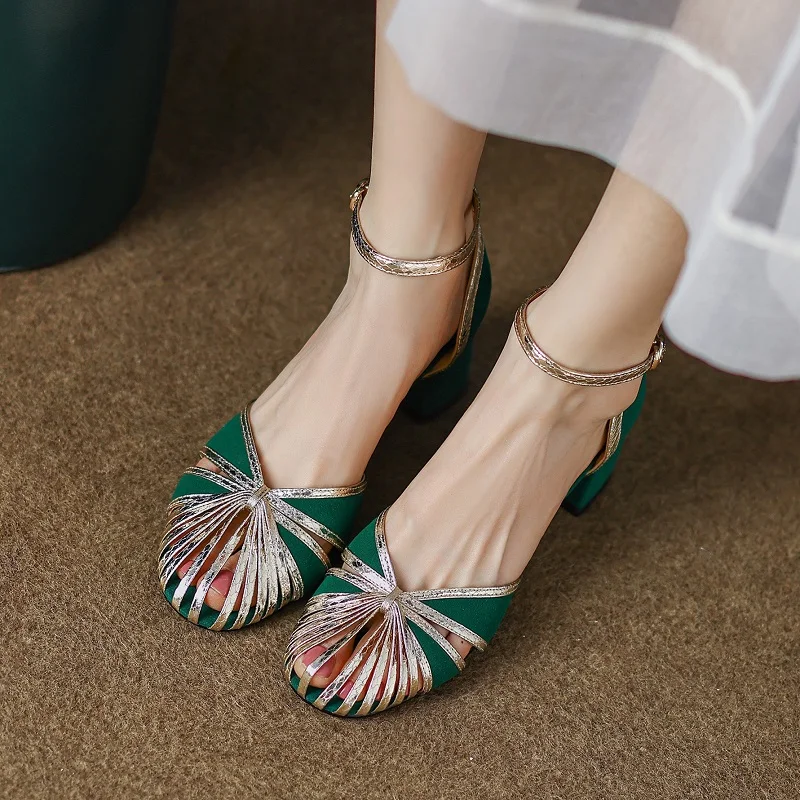Retro One Strap Spring Vintage Pumps Patchwork French Style Women Shoes Summer Sandals Sheepsuede Elegant Closed Toe Shoes