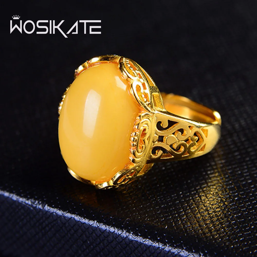Wosikate แหวนขี้ผึ้งสไตล์วินเทจสำหรับผู้หญิงแหวนชุบทองอำพันธรรมชาติเครื่องประดับแฟชั่นแหวนใส่นิ้วเปิดขนาด