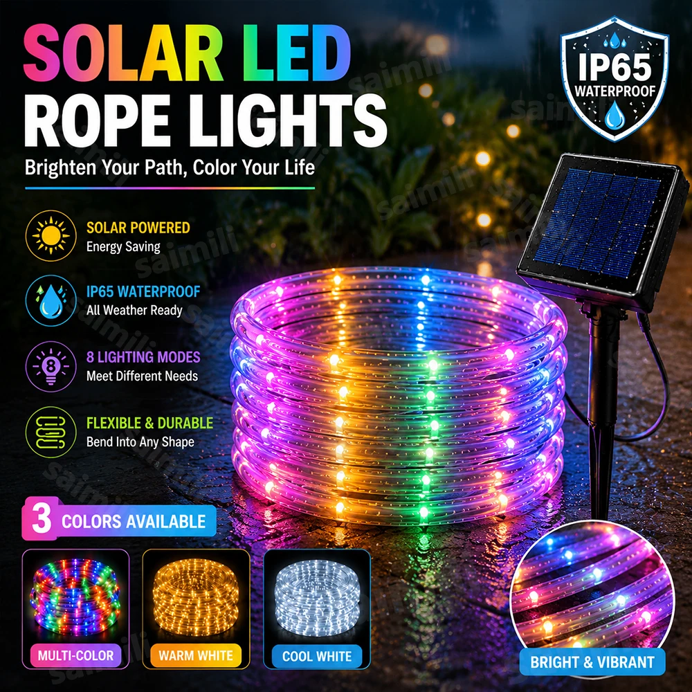 Outdoor Solar LED String Lights Tube Rope Waterproof 8 Lighting Modes for Patio Yard Fence Lawn Christmas Holiday Home Decor