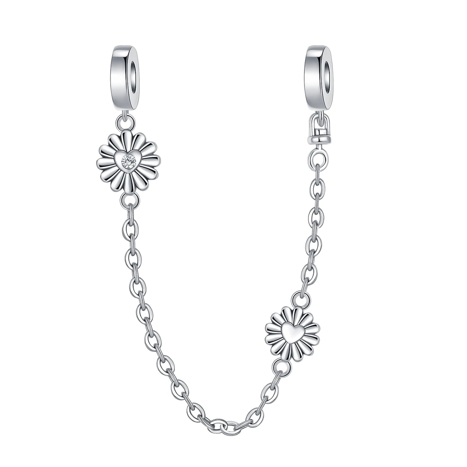 

925 Sterling Silver Flower Love Diamond Silver Safety Chain Charm Fit Original Pandora Charms Bracelets Women DIY Jewelry Gift