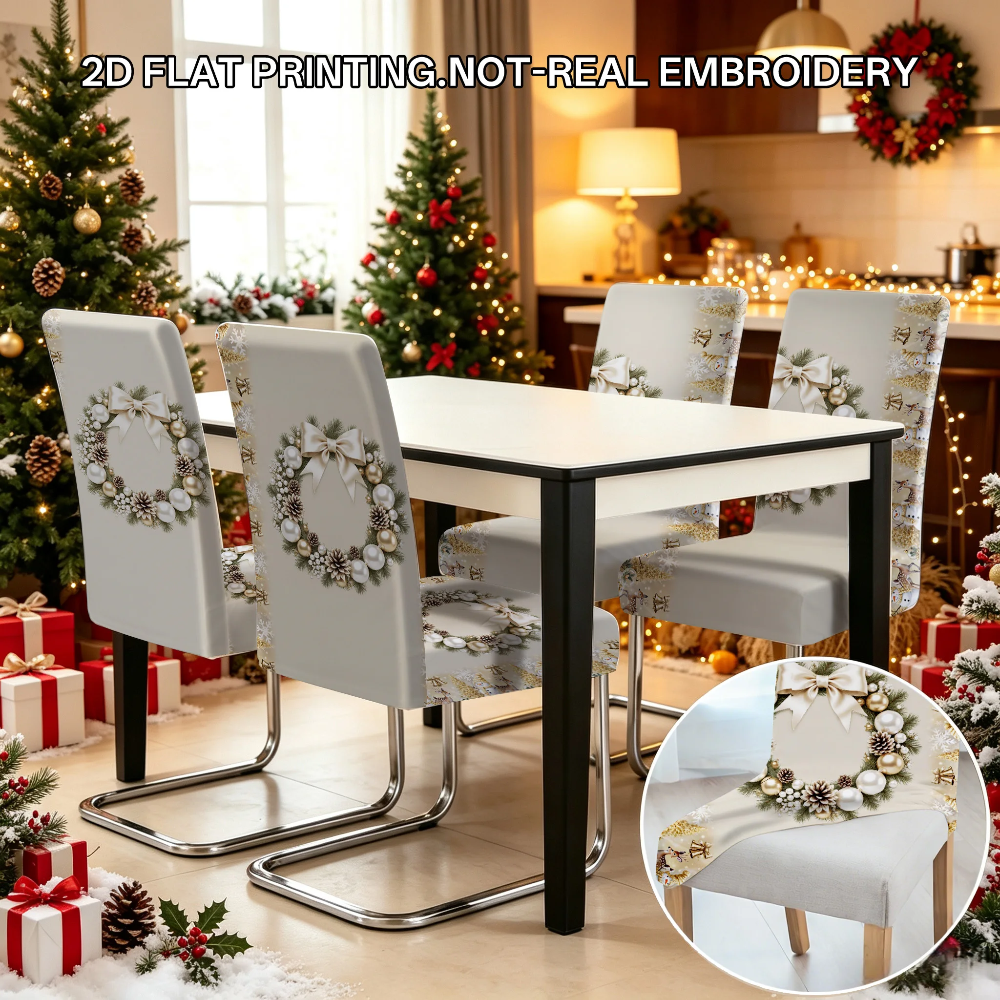 2/4/6 PCS Christmas Pinecone Baubles Wreath Elastic Dining Chair Covers, 2D Flat Printed Christmas Decoration Chair Covers