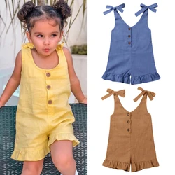 1-6Y New Baby Girl Cotton Linen Clothes Girls Ruffle Romper Kids Jumpsuit Summer Sleeveless Button Overalls Outfits