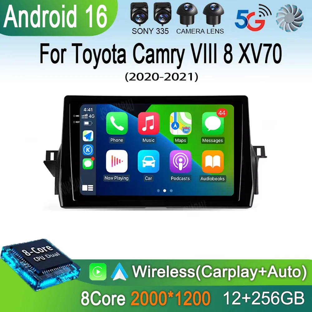 Car Radio Android 16 Carplay Auto For Toyota Camry VIII 8 XV70 2020-2021 Multimedia Video Player Navigation GPS Stereo Head Unit