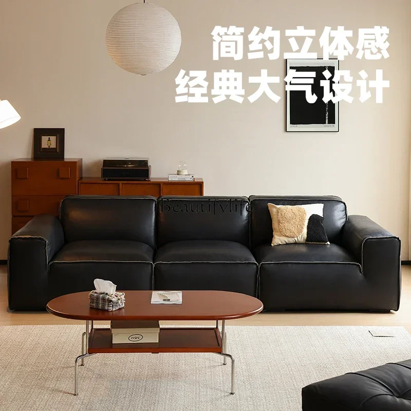 Big black cow leather sofa first layer cowhide Italian style living room tofu block straight row combination sofa