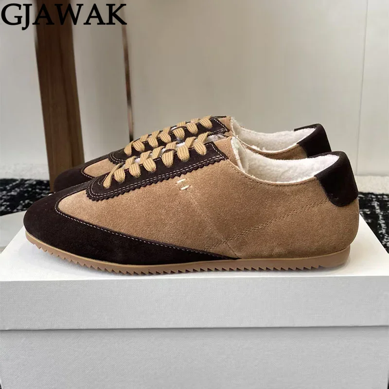 Winter Plush Flat Casual Shoes Ladies Suede Leather Sneakers Women Round Toe Lace-Up Leisure Comfy Warm Shoes Woman