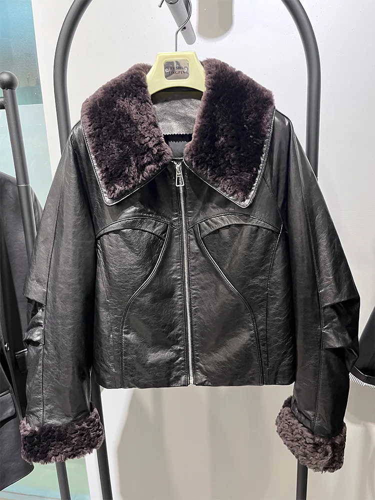 Women Goose Down Jacket Genuine Sheepskin Leather Jacket Natural Merino Sheep Fur Collar Short Coat Luxury Warm Puffer Jacket