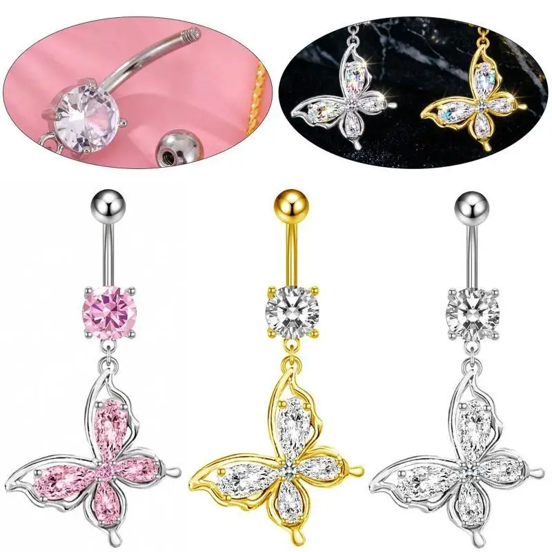 Embedded Zircon Belly Button Rings Openwork Butterfly Pendant Piercing Jewelry