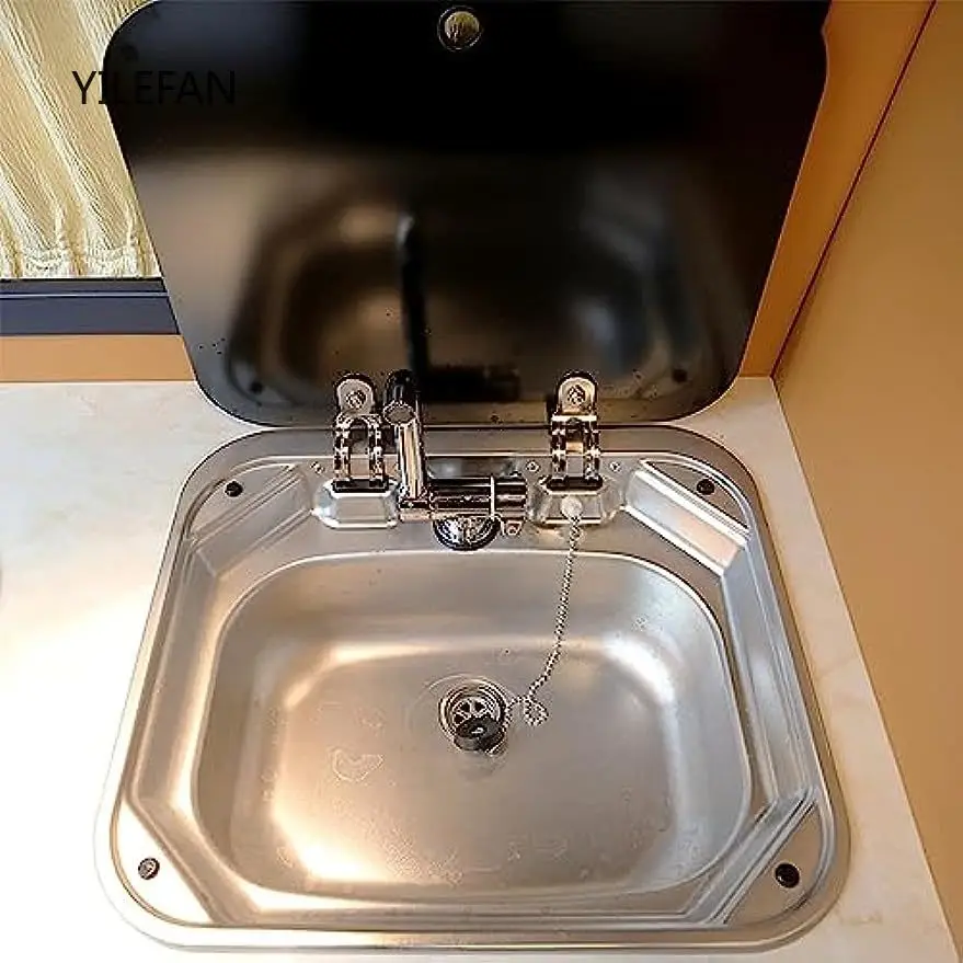 Stainless Steel Kitchen Sink with Folding Lid, Single Bowl, Sink for RV Caravan Camper Boating Bar,Drop-in