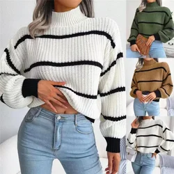 2023 Autumn and Winter Women's Fashion Commuter Casual Stripe Lantern Sleeve Half High Neck Knit Pullover Long Sleeve Sweater