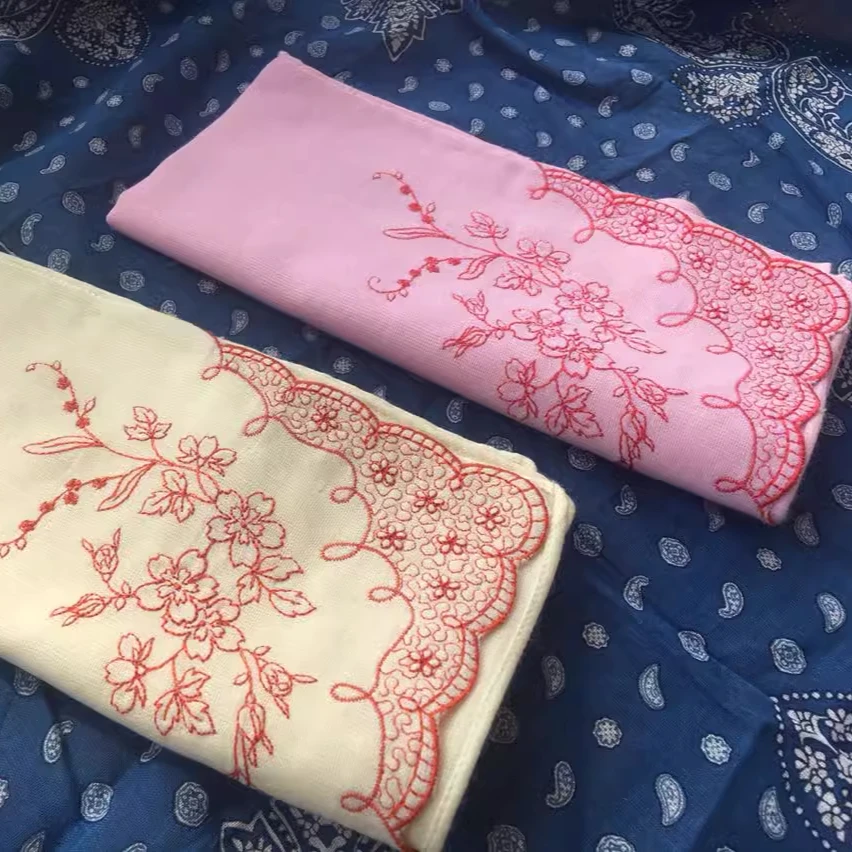 External Single and Double Layer Gauze Embroidered Sweat-absorbing Handkerchief for Women Cotton Pocket Squares