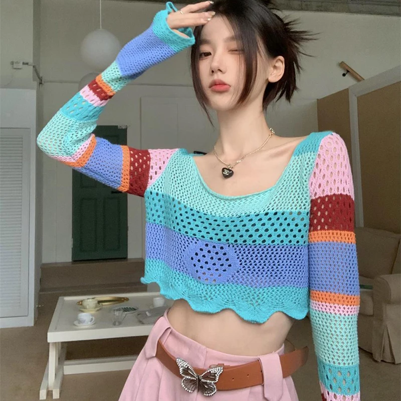 GIDYQ Y2k Sexy Crop Knitted Top Women Rainbow Striped Hollow Out Flare Long Sleeve Knitwear Vintage Fashion Slim Streetwear Top