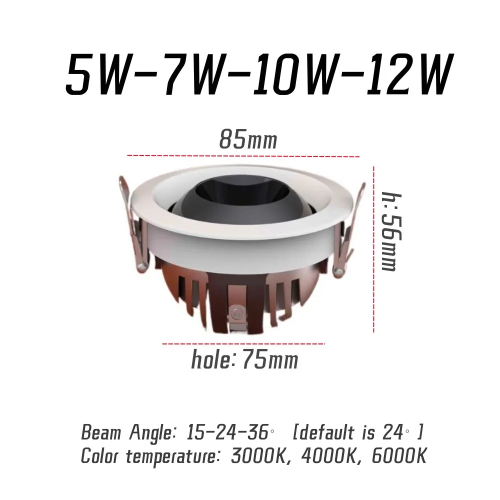 Foco COB antideslumbrante LED empotrado, lámpara de techo giratoria regulable de 360 °, inclinación de 45 °, iluminación para centro comercial y oficina, 5W, 7W, 10W, 12W