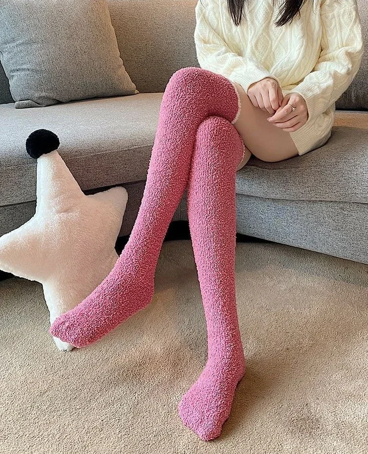 1 Pair Women Winter Warm Coral Fleece Over-knee High Socks Plush Home Sleep Floor Long Socking Jk Solid Soft Thigh High Sock