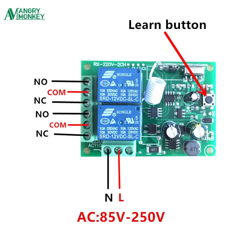 433Mhz Universal Wireless Remote Control Switch AC 85V 250V 2 Channel Receiver Switch and RF 433 Mhz 4 Keys Remote Control