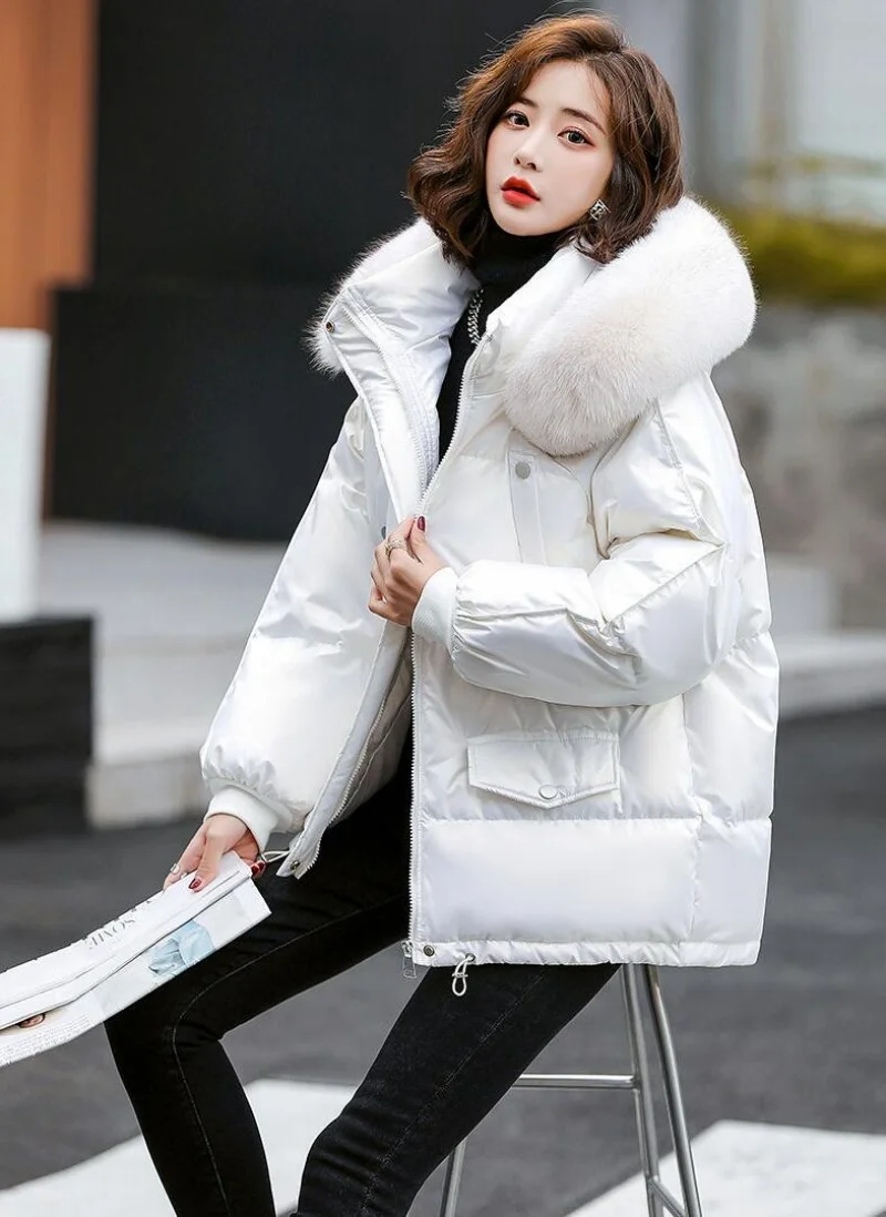 

Fashion Winter New Warm Duck Down Jacket Women's Clothes Glossy Fur collar Thicken Parka Short Down Coat Female Trend