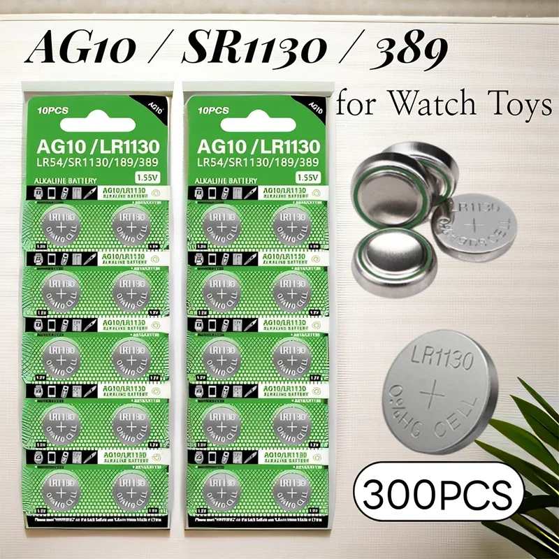 300pcs AG10 LR54 Cell Coin 1.55V SR54 389 189 LR1130 SR1130 Alkaline Button Batteries for Watch Toys Remote Calculators Lasers