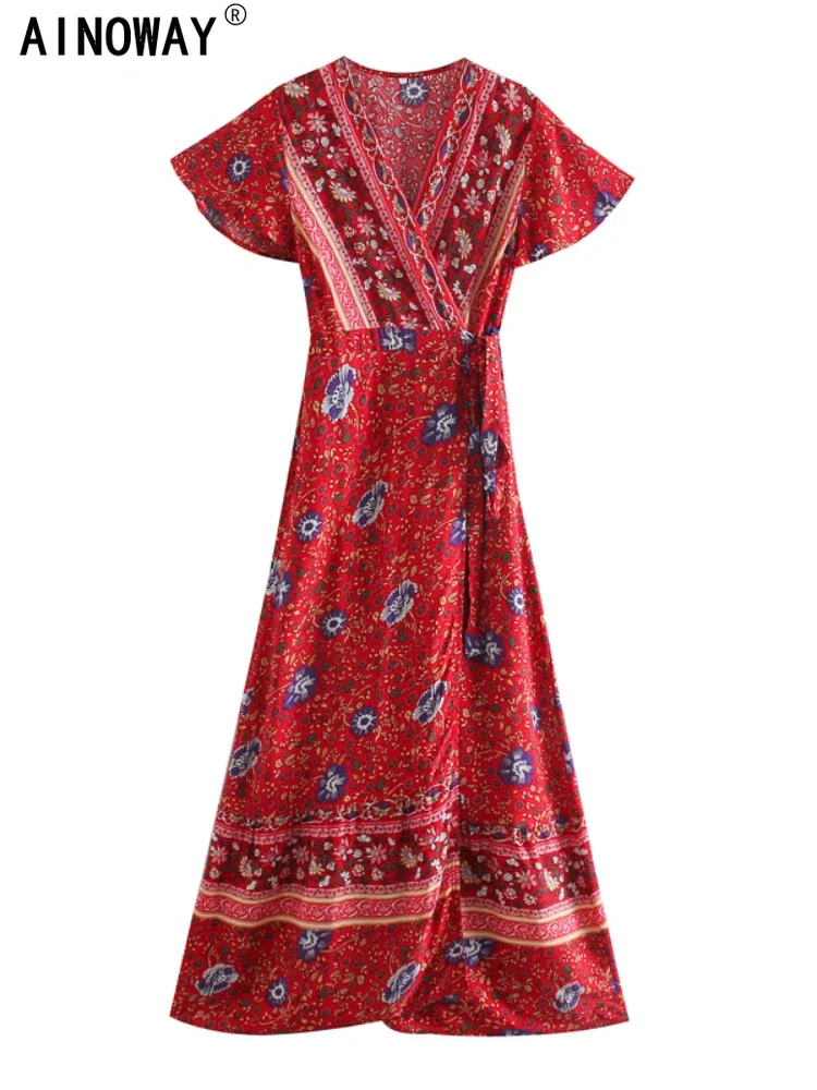 Vintage Chic Vestidos Women Floral Print Bat Sleeve Beach Bohemian Maxi  Sundress Ladies Sexy V Neck Wrap Summer Boho Dress - AliExpress 200000345