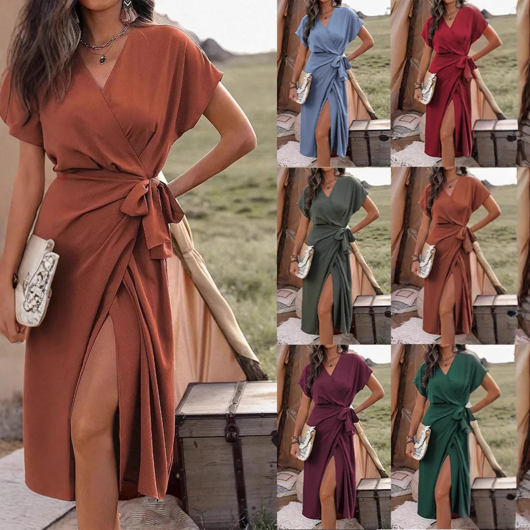 

Summer 2025 New Dress Commuter Fashion Women's Solid Color Wrap Lace-Up Dress