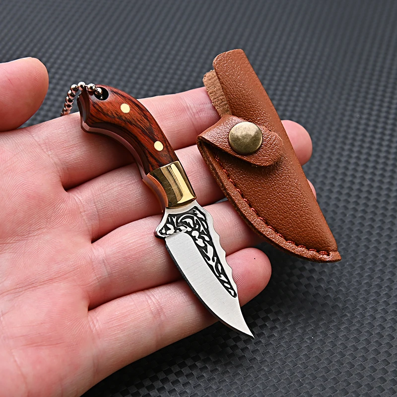 Brass Color Wood Knife MINI Portable Unboxing Small Blade Straight Knife With Leather Case CS GO Hanging Outdoor Camping EDC Kni