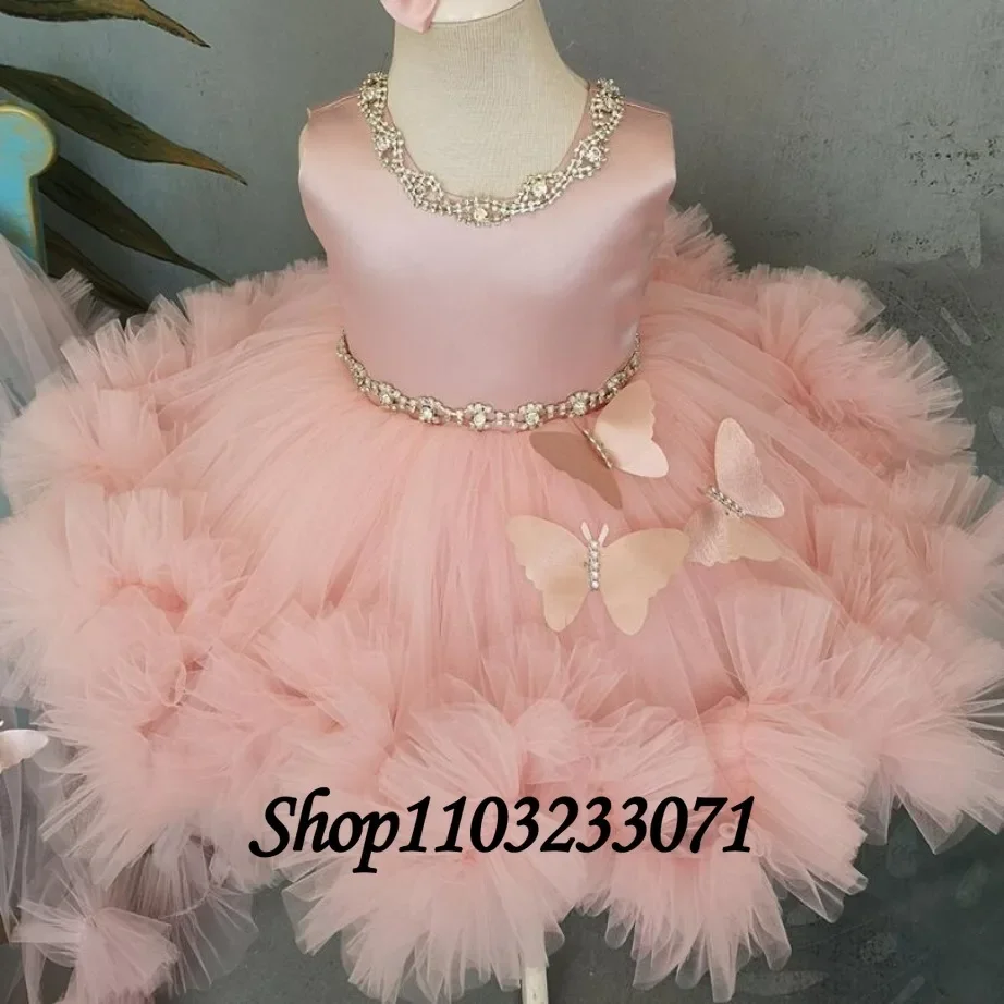 Vestido floral personalizado para meninas, design rosa com laço nas costas e tecido de cetim elegante, estilo sem costas para festa de casamento infantil