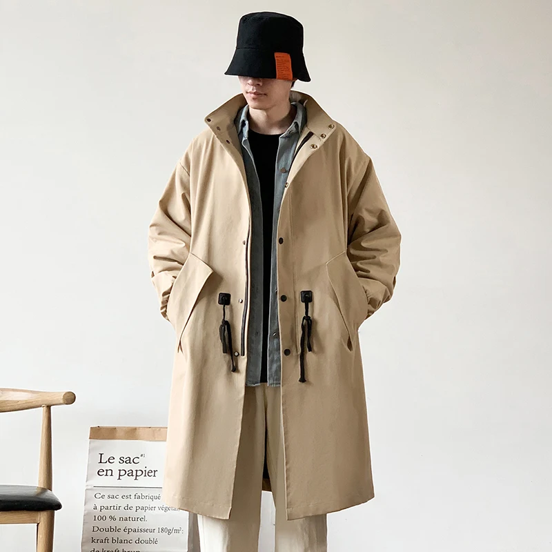 

Men Mid - Length Trench Coat with Drawstring Waist & Plaid Inner Lining Khaki Classic Casual Outerwear Medium-length Windbreaker