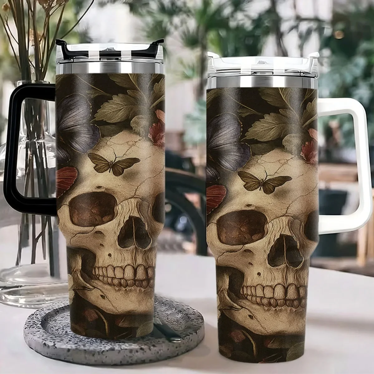40oz Tumbler with Handle Vintage Dark Floral Skull Butterfly Print Insulated Cup, Other colors sold out, random black or white shipment for other color orders