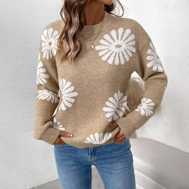 

Loose Flowers Long Sve Casual Knitted Hollow out Lace round Ne Sweater for Women Autumn Winter New Arrival 5086