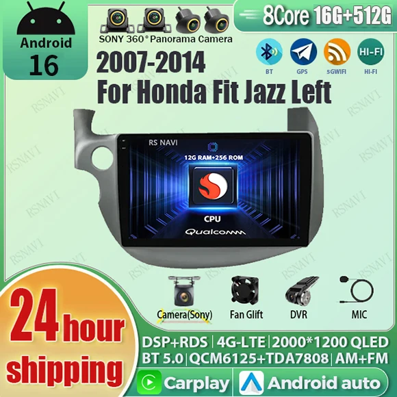 Android 16 wireless Carplay Auto Car Radio For Honda Fit Jazz 2007 - 2013 Navigation GPS Multimedia Player Stereo WIFI+4G BT LHD
