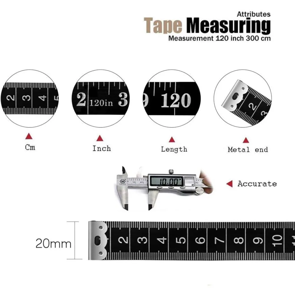 2er-Pack 120-Zoll-Maßband aus weichem Stoff mit doppelter Skala (schwarz).