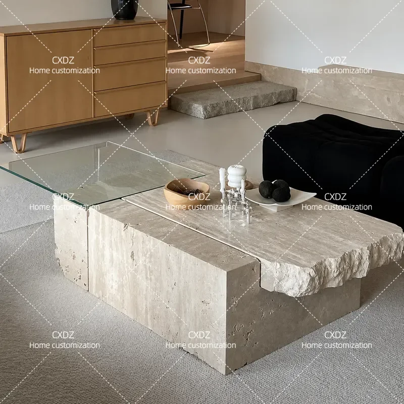 Natural Marble Coffee Table Wabi Sabi Style Medieval Travertine Square Center Table Simple Retro Art Glass Tea Table for