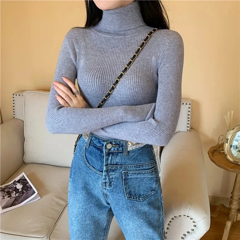 

Casual Solid High-neck Jumper New Autumn Winter Women Knitted Turtleneck Sweater Fashion Slim Elasticity Women Ribbed Pullovers